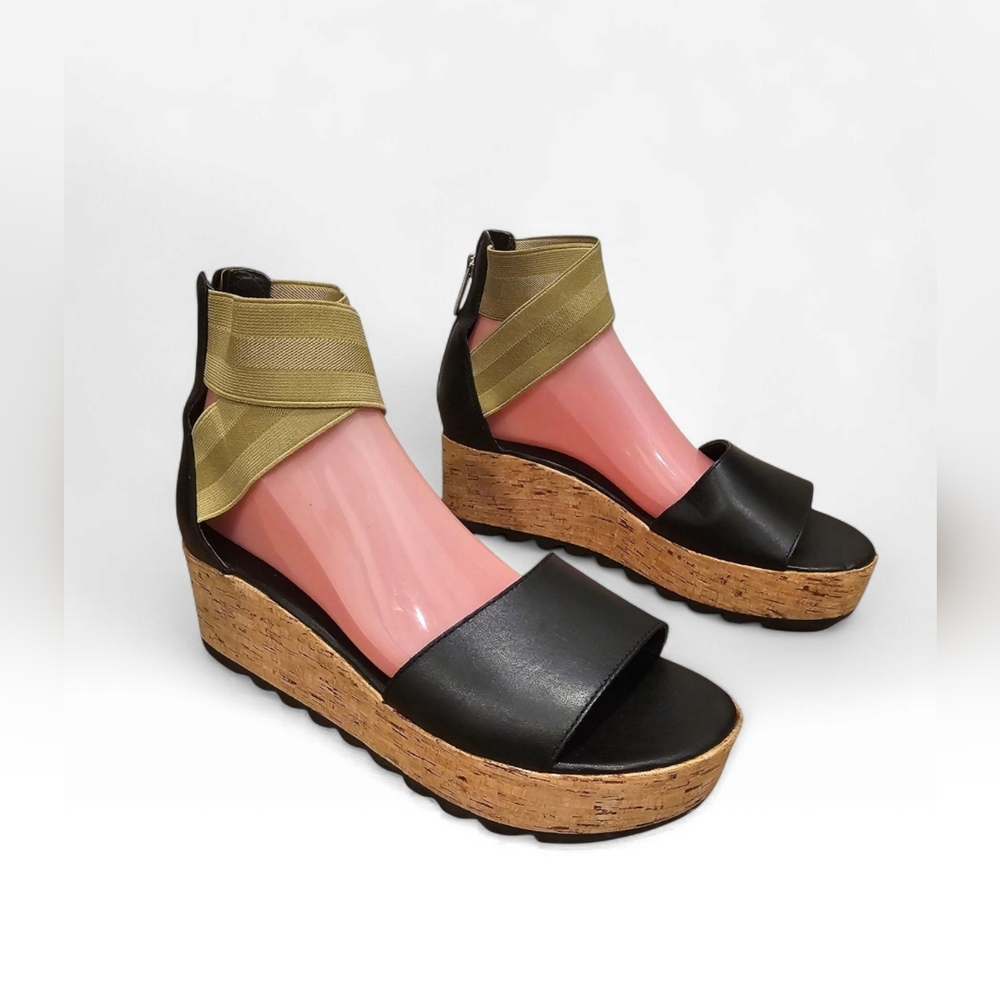 SOREL Cameron Flatform Olive Green Gore Ankle Straps Cork Platform Sandals 40/9